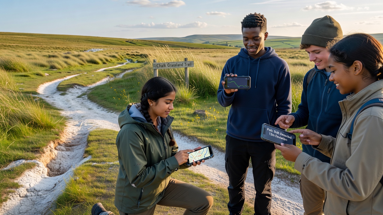 Group of young participants reviewing path data collected via mobile apps on a chalk grassland slope